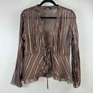Vintage 90s Y2K Top Sz M Chocolate Brown Ruffle Tie Front Sheer Fairy Festival